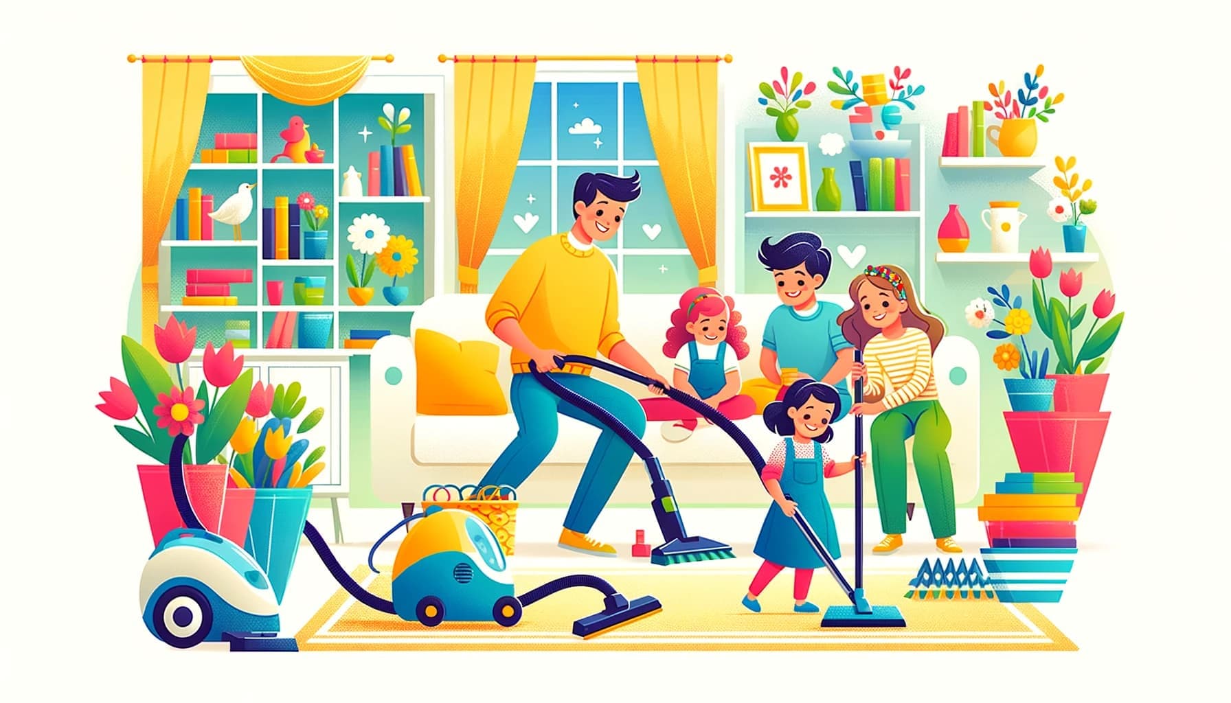 DALL·E 2024-05-25 18.42.46 – A bright and colorful image of a family involved in spring cleaning. The scene depicts a family of four, consisting of two adults and two children, ha