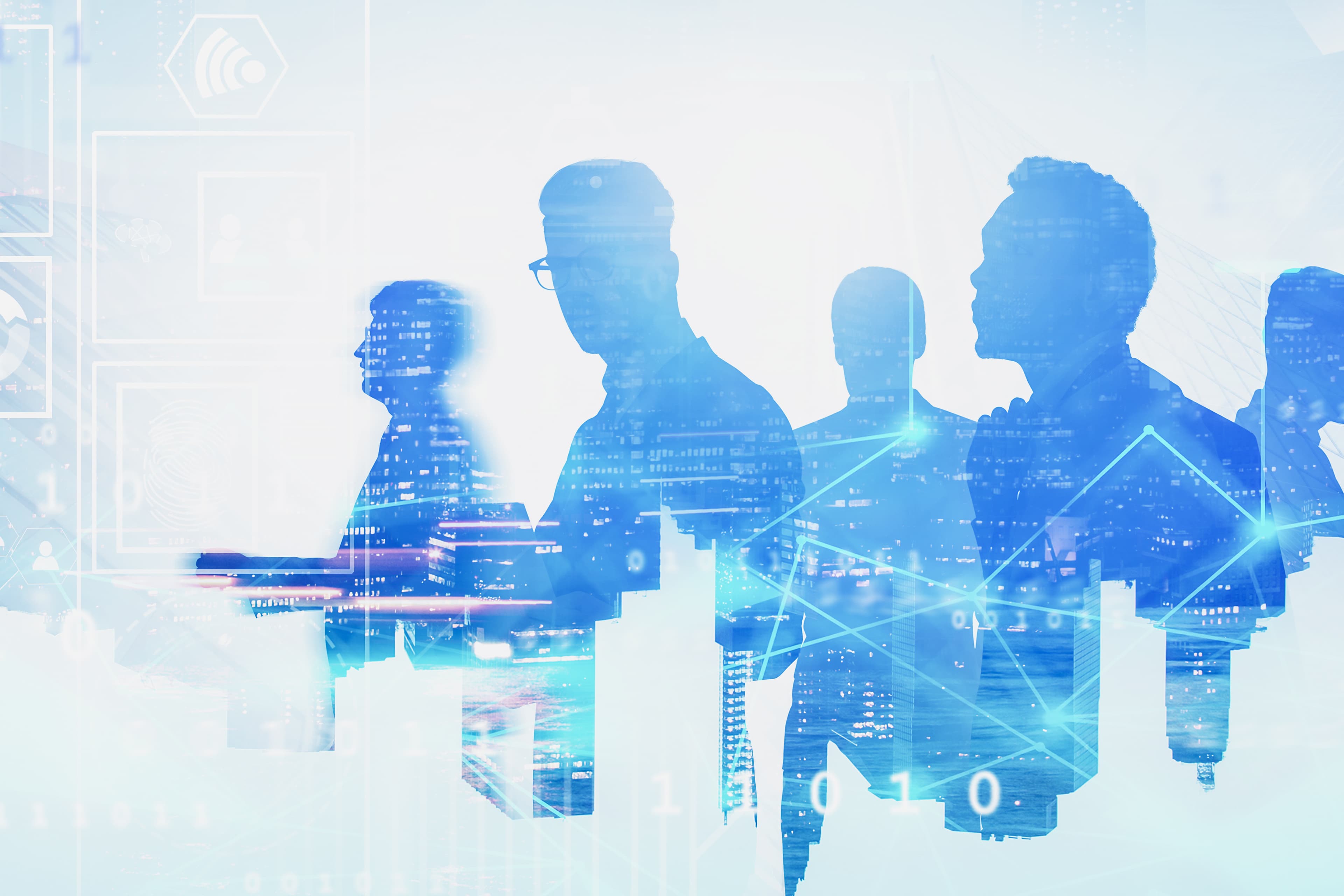 Diverse business team in city, digital network