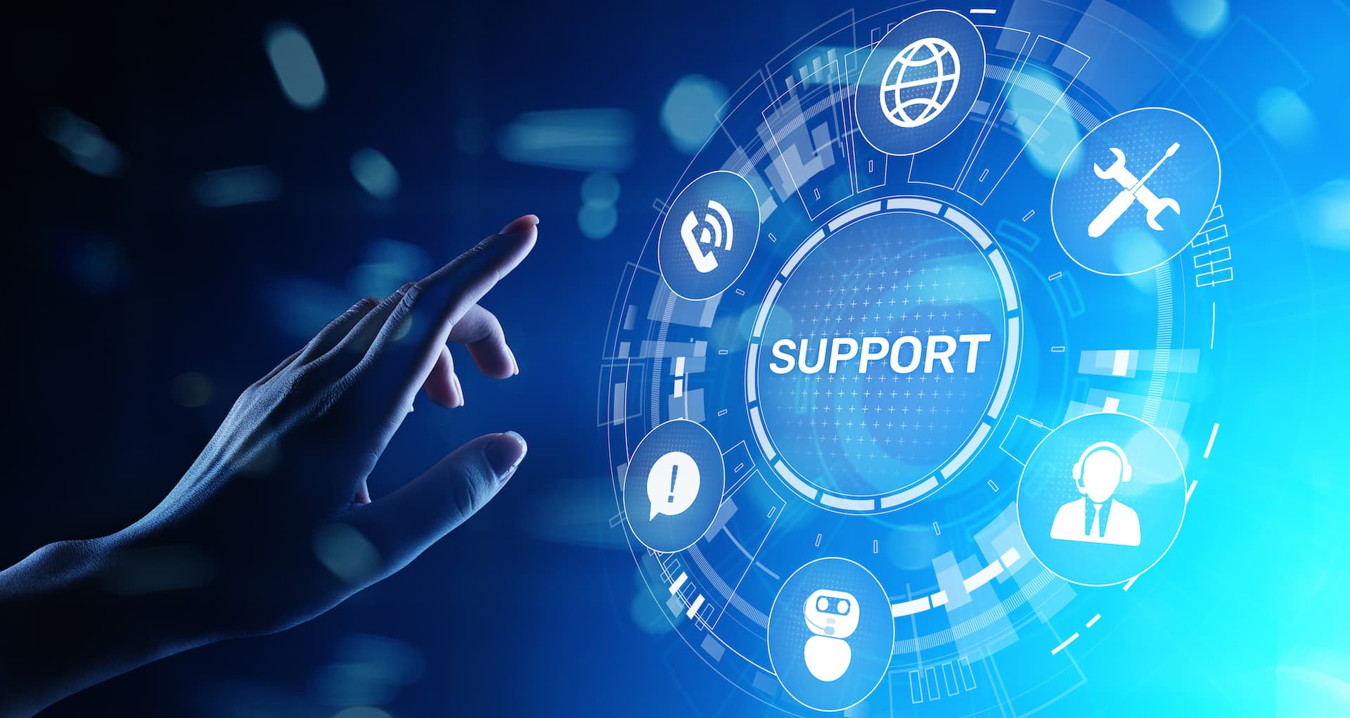 Support button on virtual screen. Customer service and communication concept.