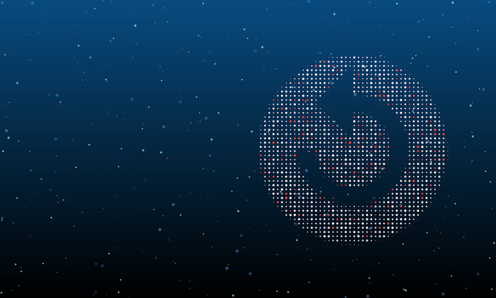 On the right is the replay media symbol filled with white dots. Background pattern from dots and circles of different shades. Vector illustration on blue background with stars