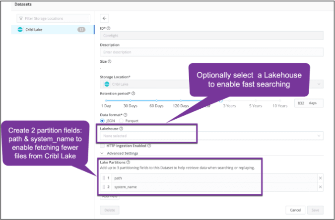 set up your target dataset in Cribl Lake