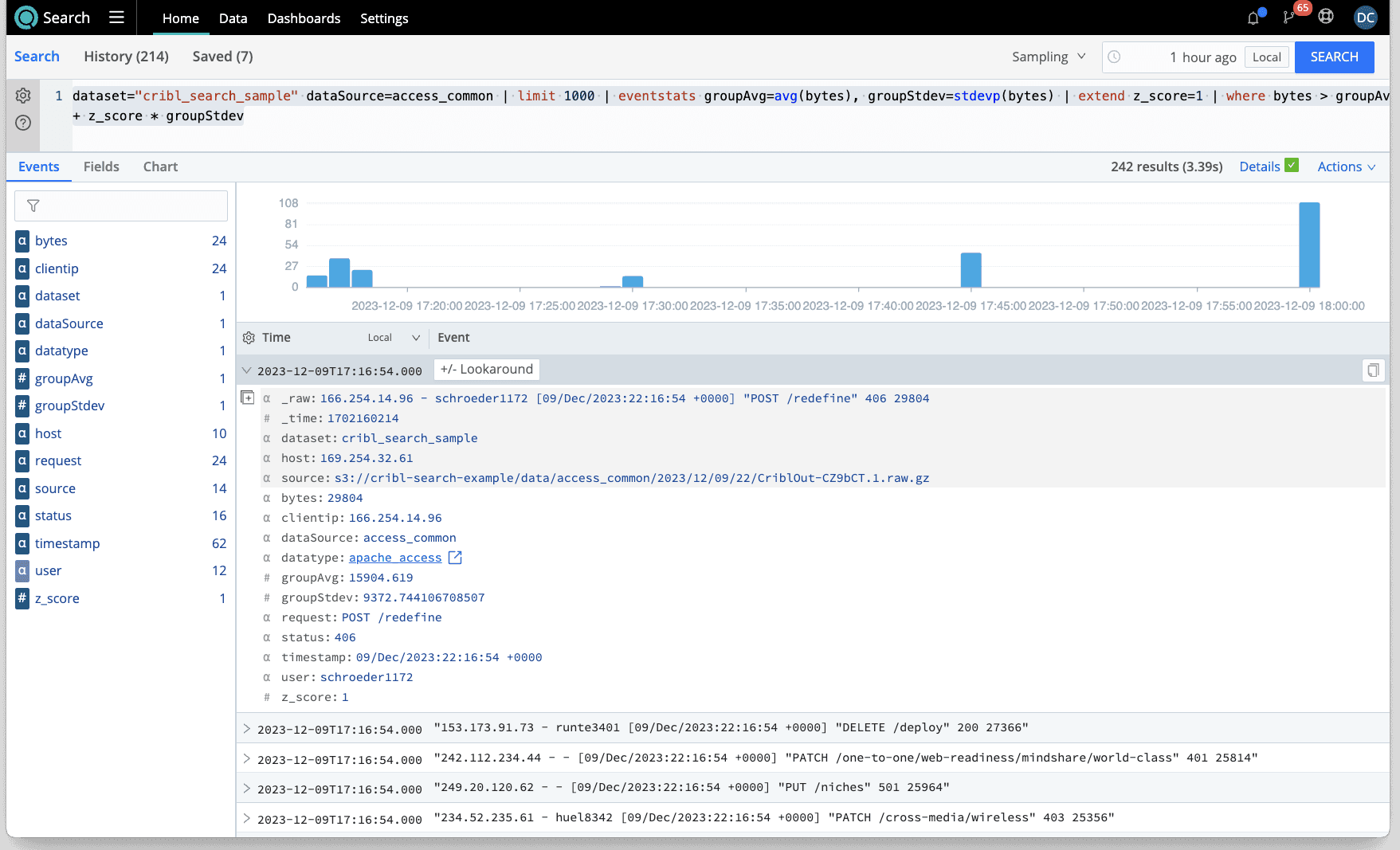 Generating and Comparing Statistics with Eventstats in Cribl Search